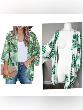 VINE &LOVE GREEN WHITE TROPICAL CARDIGAN/ DUSTER/KIMONO - NEW-S
